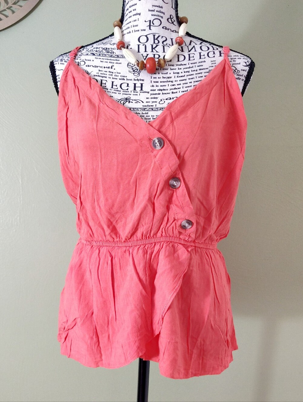 Justify Coral Sleeveless Asymmetrical Button Front Peplum Top Plus 1X Boho